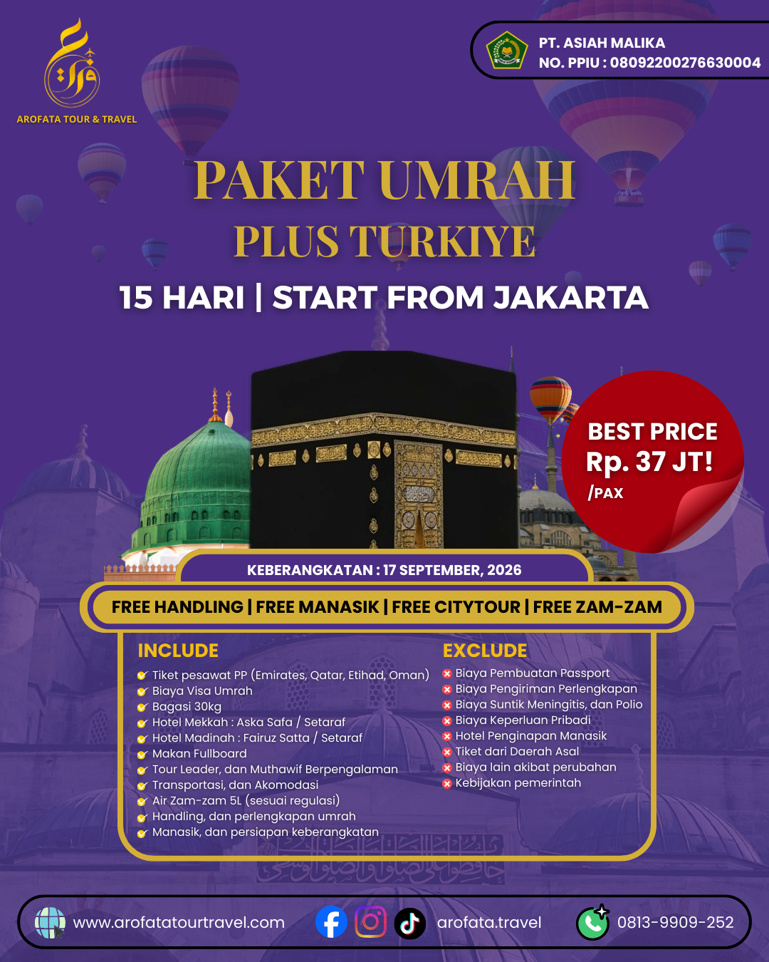Paket Umrah Plus Turki 15 Hari bersama Arofata Tour